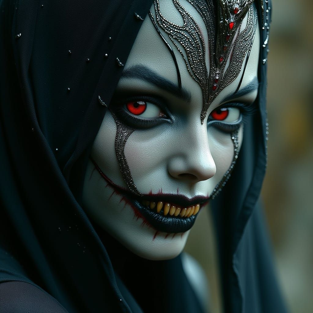 Dark Elf Vampire Queen with Intricate Tattoos and Shark Teet...