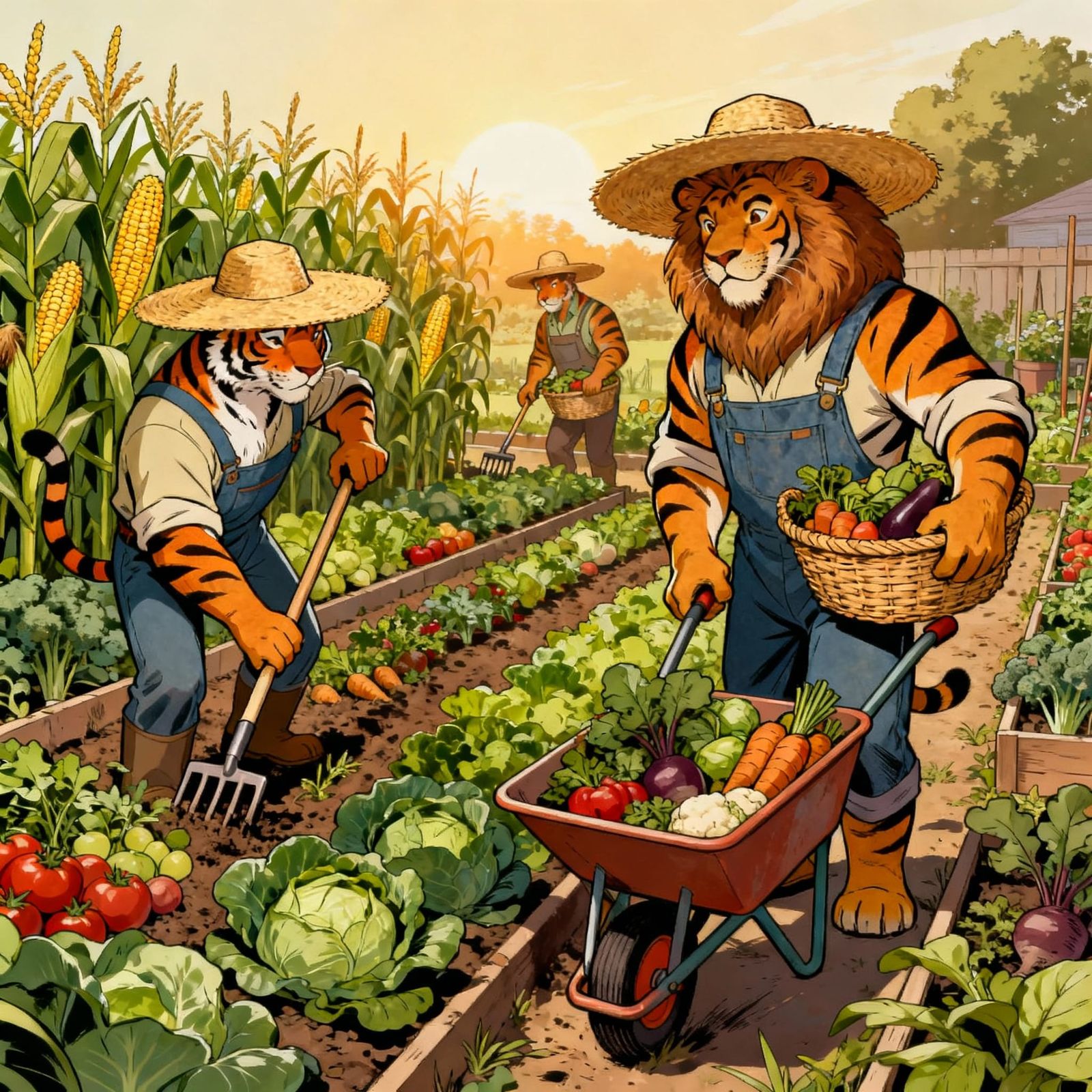 Anthropomorphic Cats Gardening in Comic Book Style