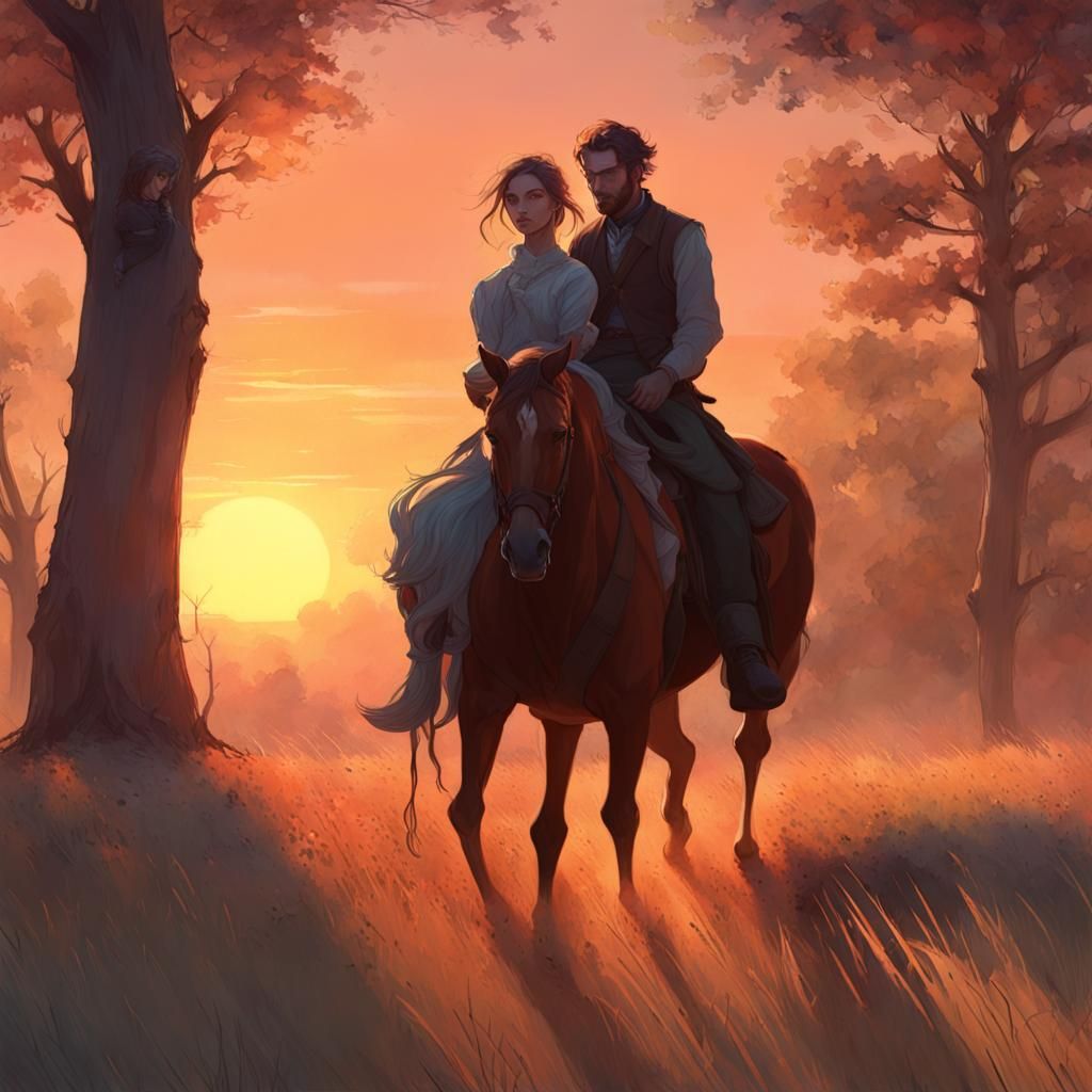 Equestrians at Sunset: Digital Art by Rutkowski