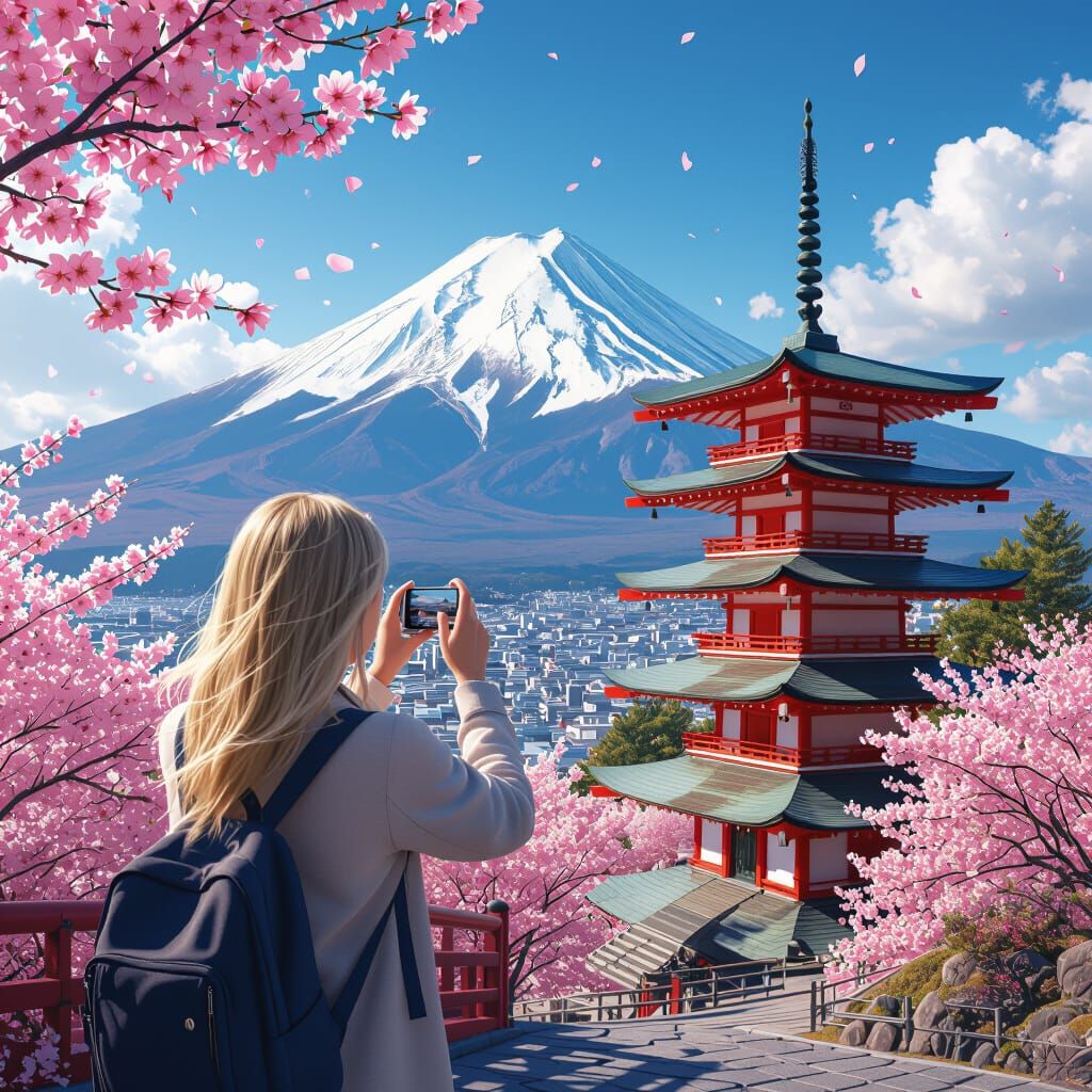 American Tourist Photographs Mount Fuji Pagoda Amid Cherry B...