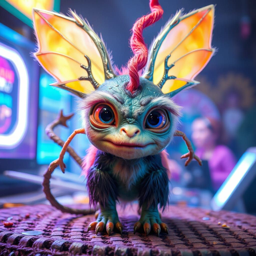 Adorable Iridescent Creature in Neon Landscape