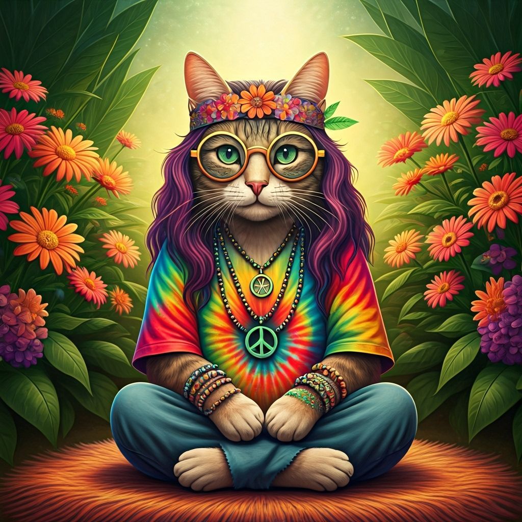 Hippie Stoner Cat in Psychedelic Garden, Digital Art