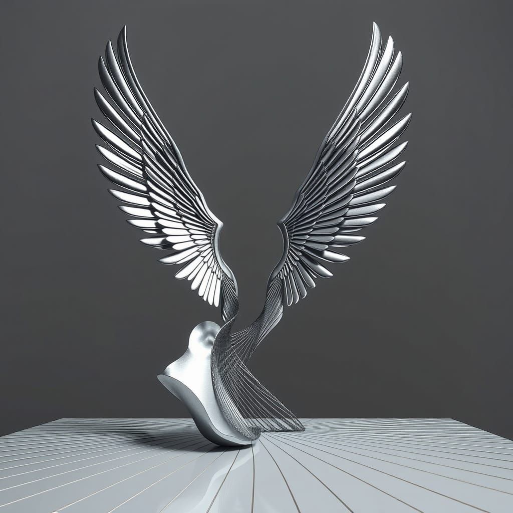 Surreal Metallic Wing Sculpture in Optical Illusion Style