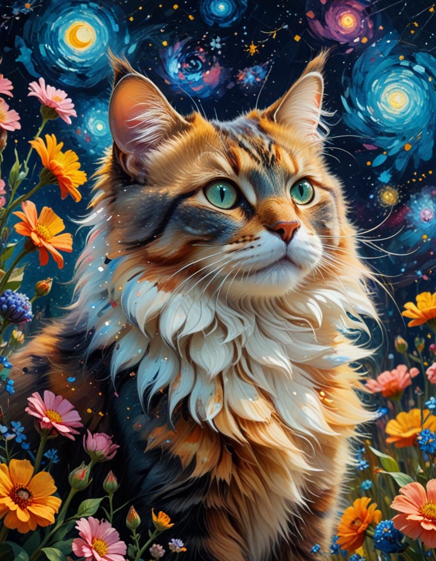 Vibrant Surrealist Cat Portrait in Whimsical Floral Style