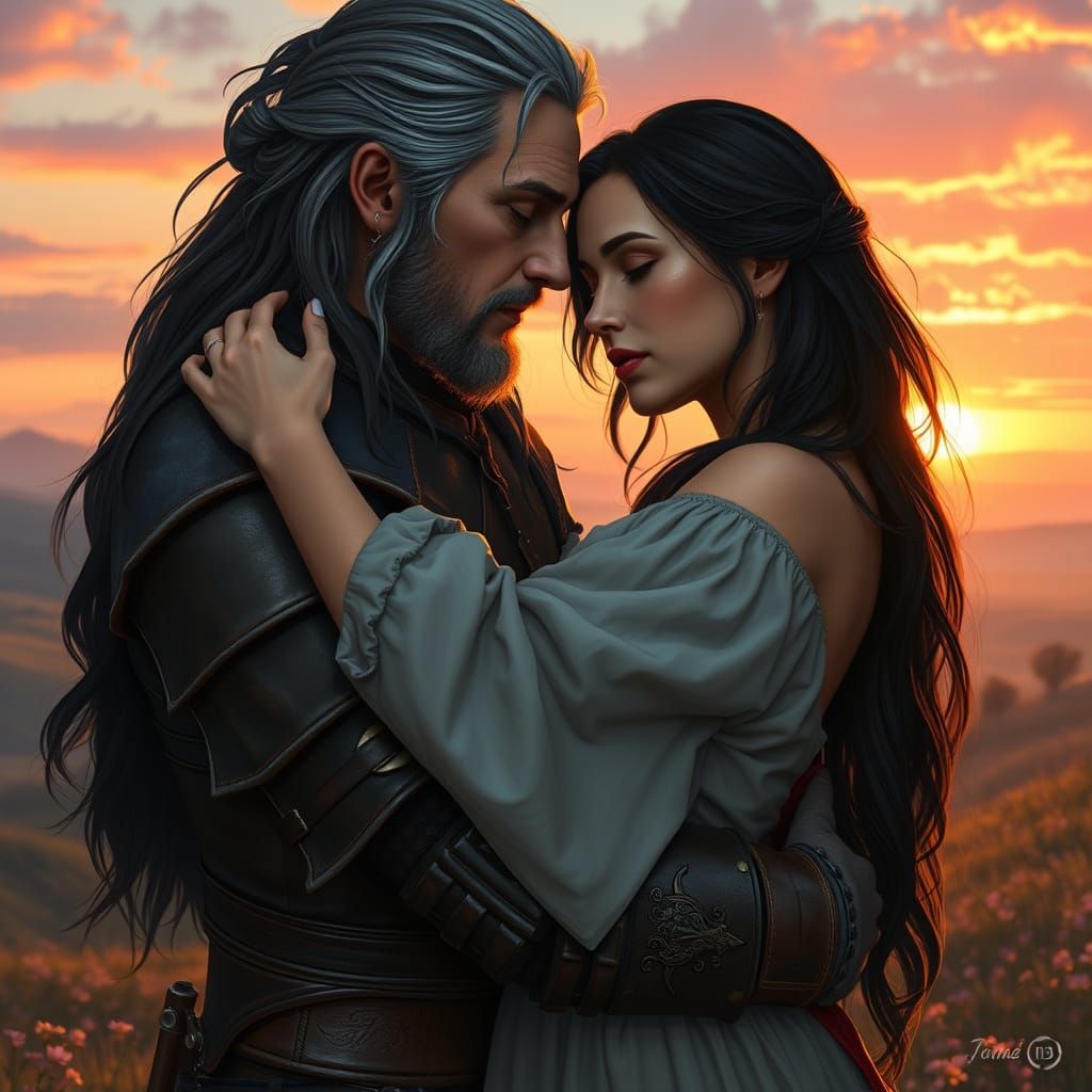 Geralt and Yennefer Share a Tender Moment in a Sunset Landsc...