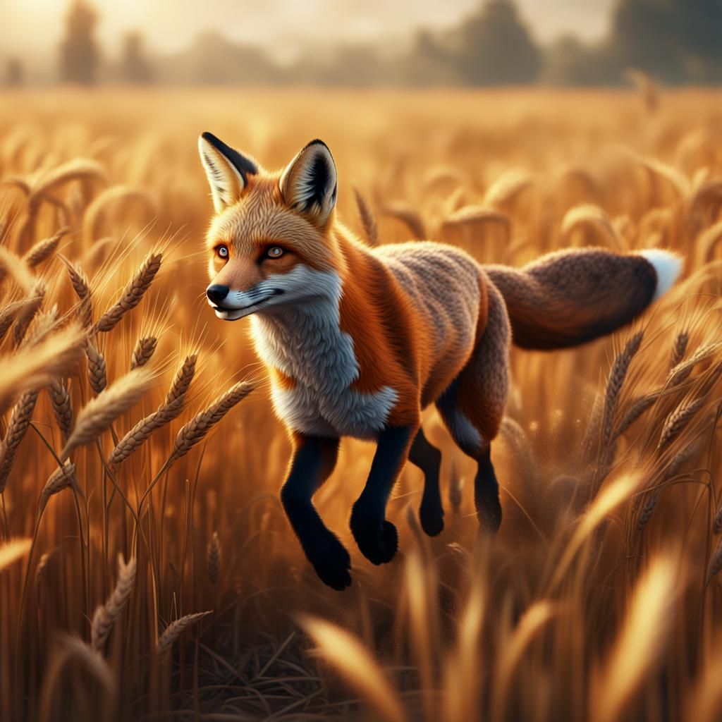 Fox Running in Wheat Field: Detailed Matte Painting