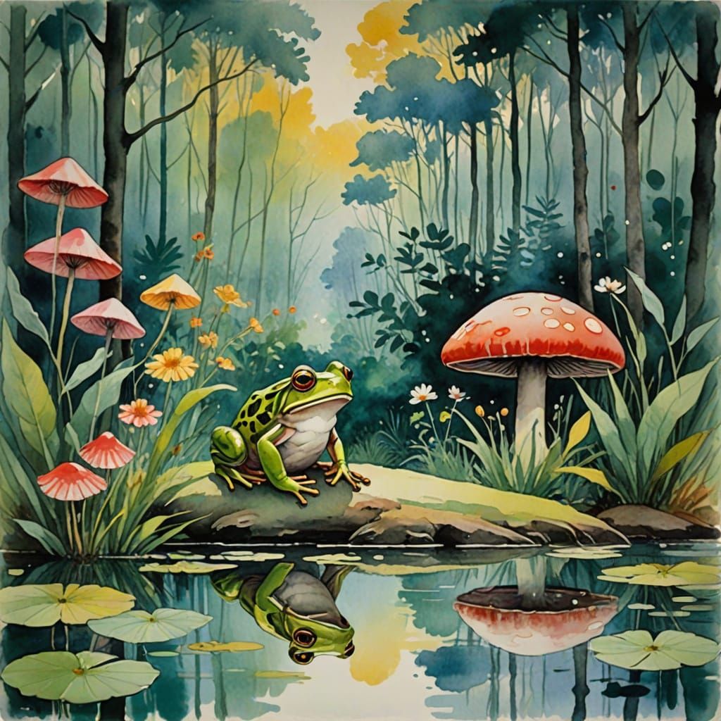 Ethereal Watercolor Scene with Frog and Prince