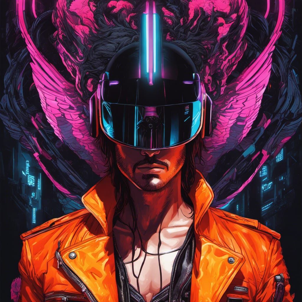 Cyberpunk Biker in Neon Retro Future by Android Jones
