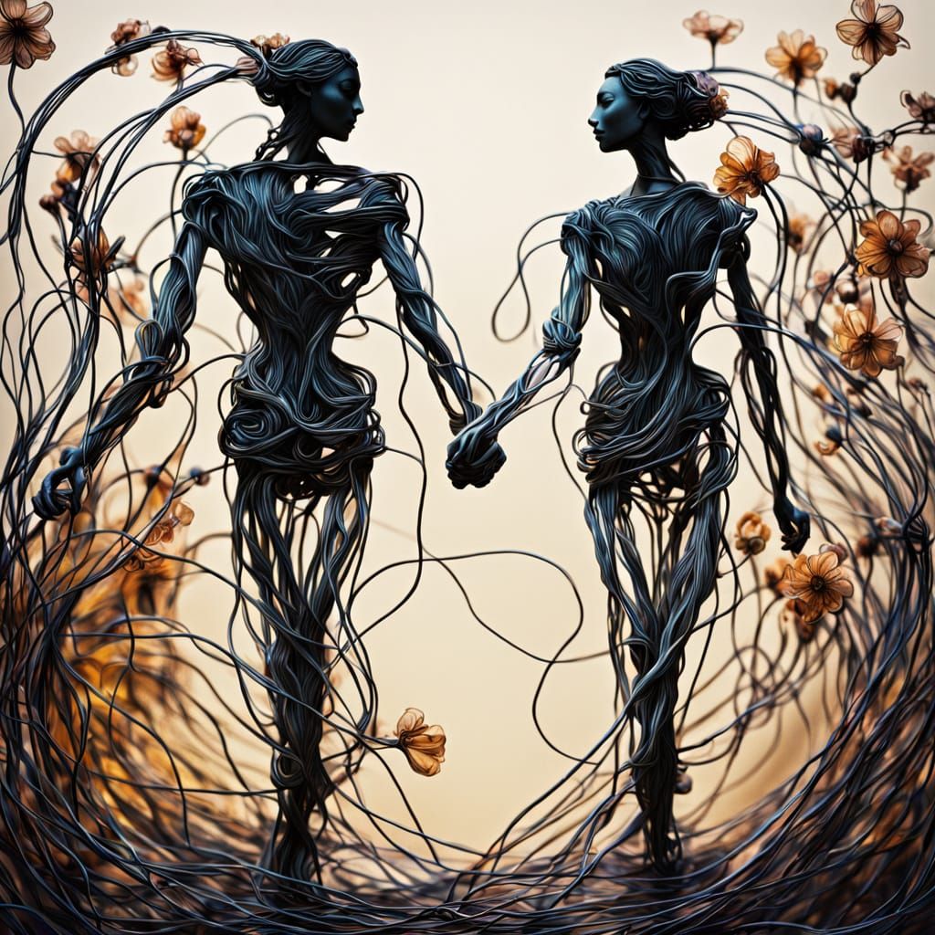 Surreal Wire Figures in a Dreamlike Garden