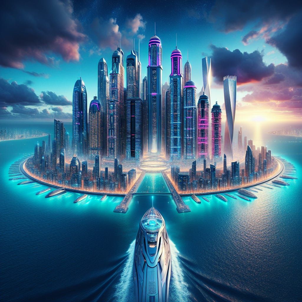 Futuristic Cityscape on Silver Ship, Cinematic 3D Render