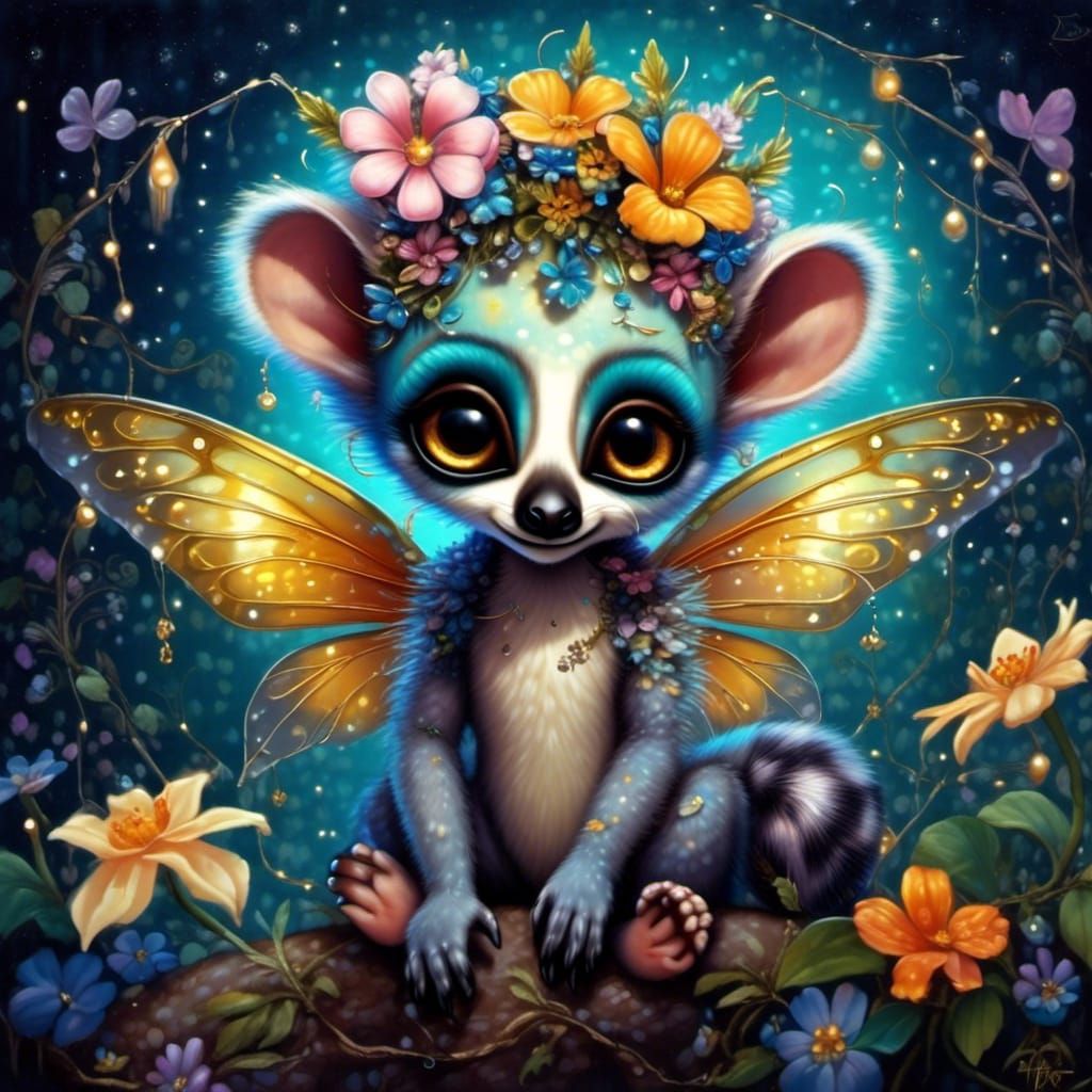 Chibi Lemur Fairy with Starry Night Sky