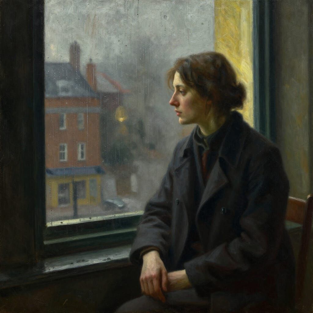 Woman Contemplating Rain in Textured Oil Painting