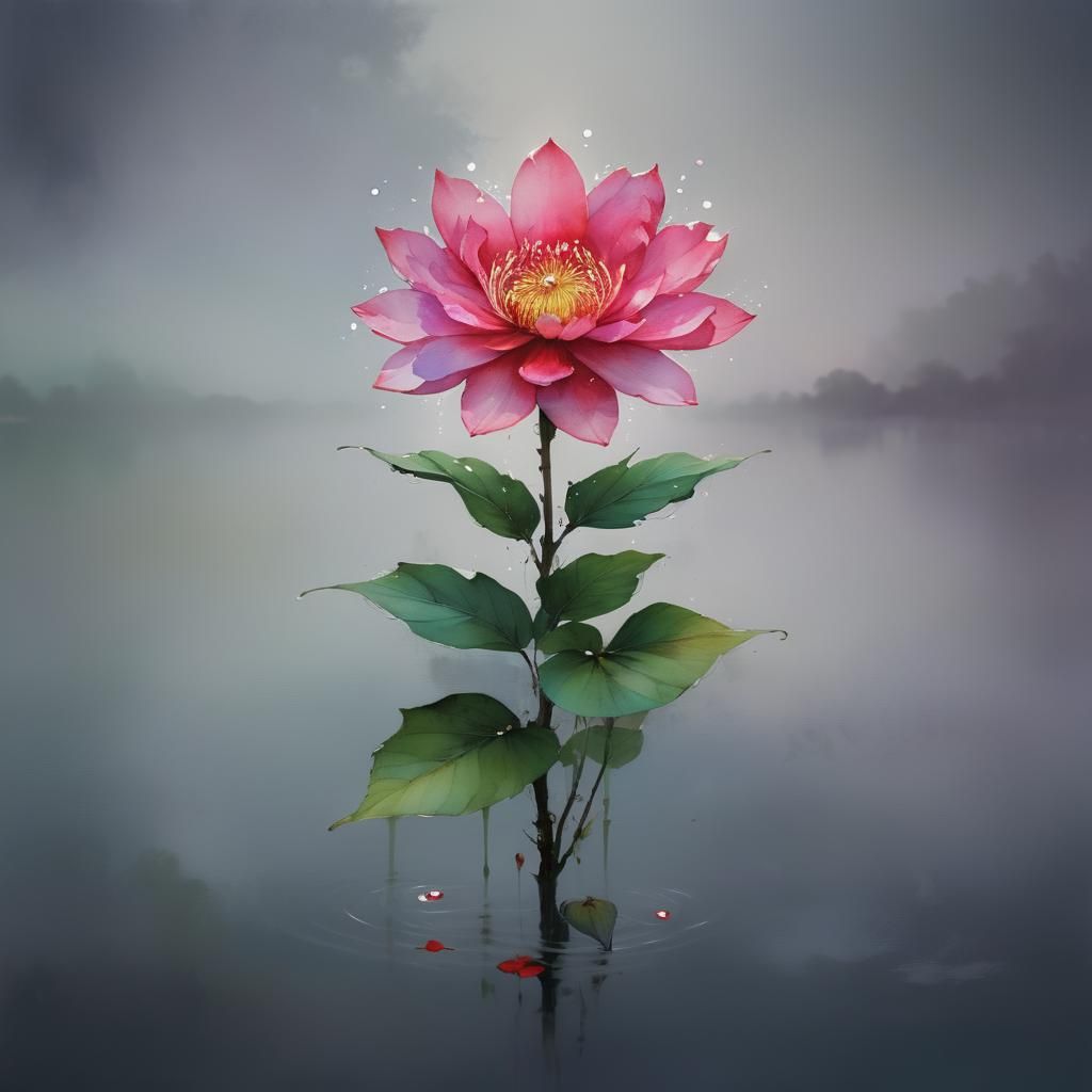 Dreamy Lake Glade at Night in Watercolor Style