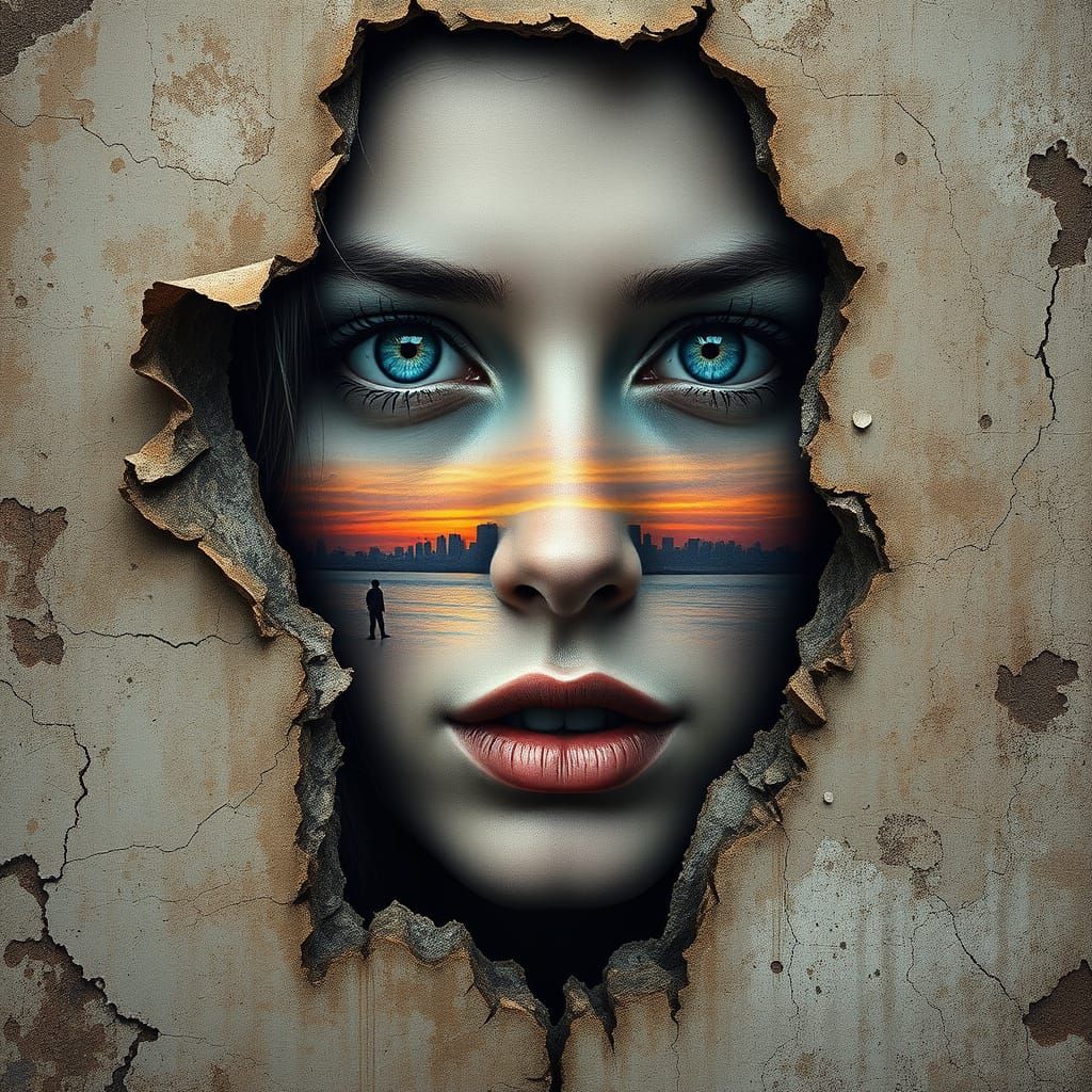 “ Face emerging from a weathered wall painting “ (LEO-FlowState-1.5 UpScale 4:5)
*** A surreal, hyper-detailed portrait ...