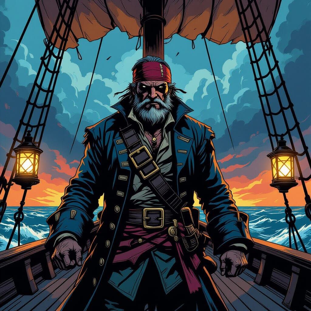Grizzled Pirate Captain on Ship Deck in Stormy Seas