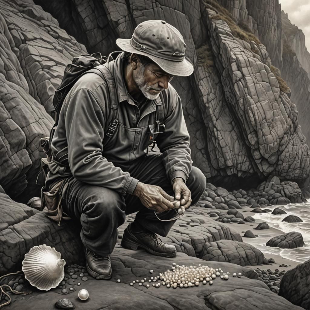 Fisherman Extracts Pearl: Hyperrealistic Charcoal Illustrati...
