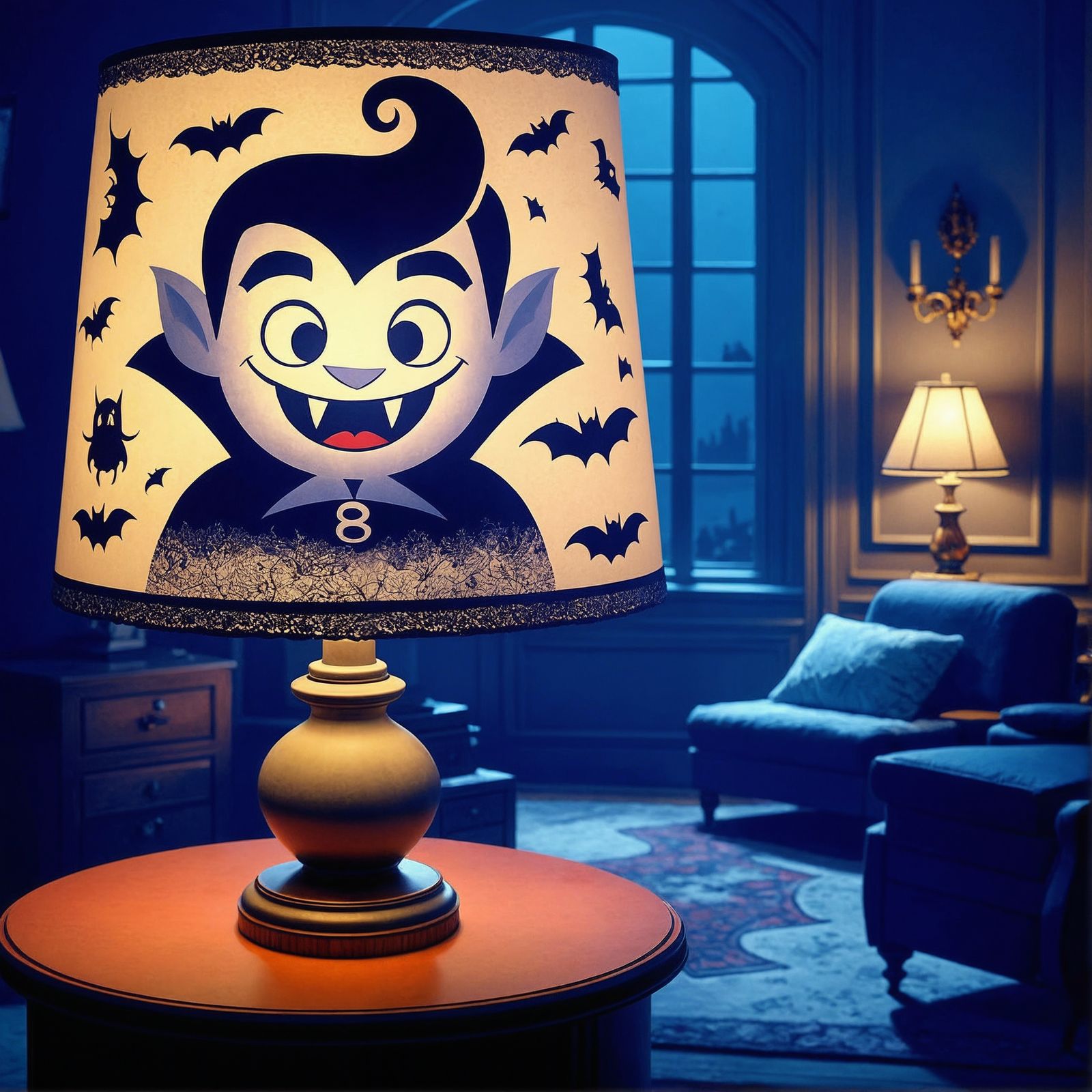 Kid-Friendly Vampire Lampshade in CGI Cartoon Style