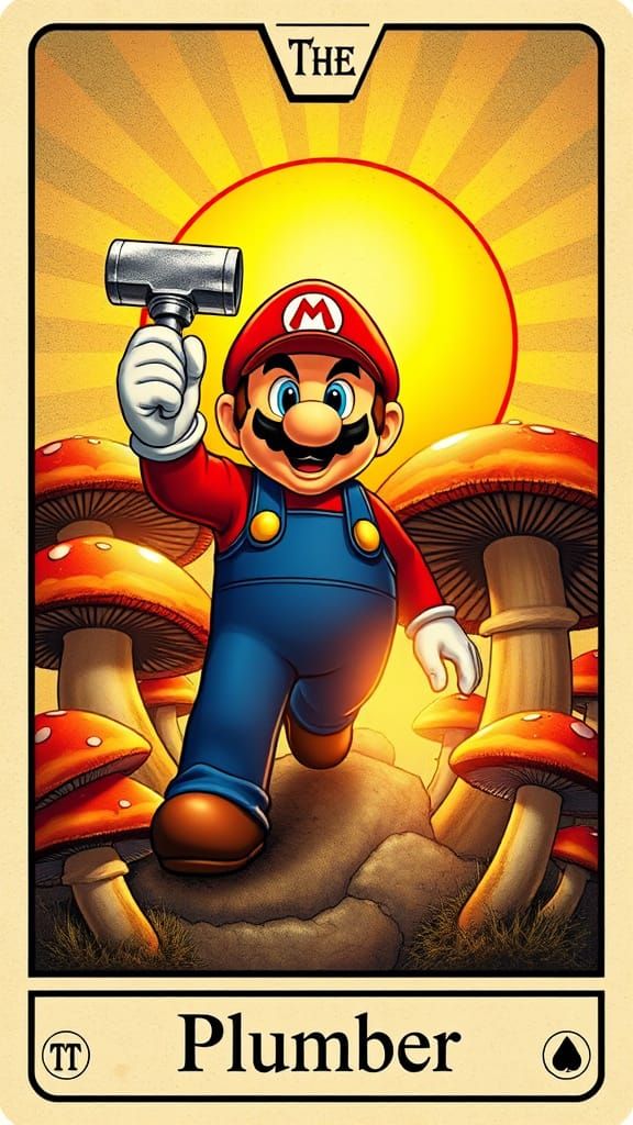 The Plumber in a Tarot Card Scene with Super Mario and Giant...
