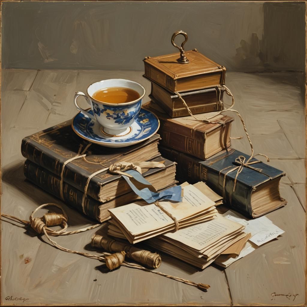 Vermeer-style Still Life with Books and Teacup