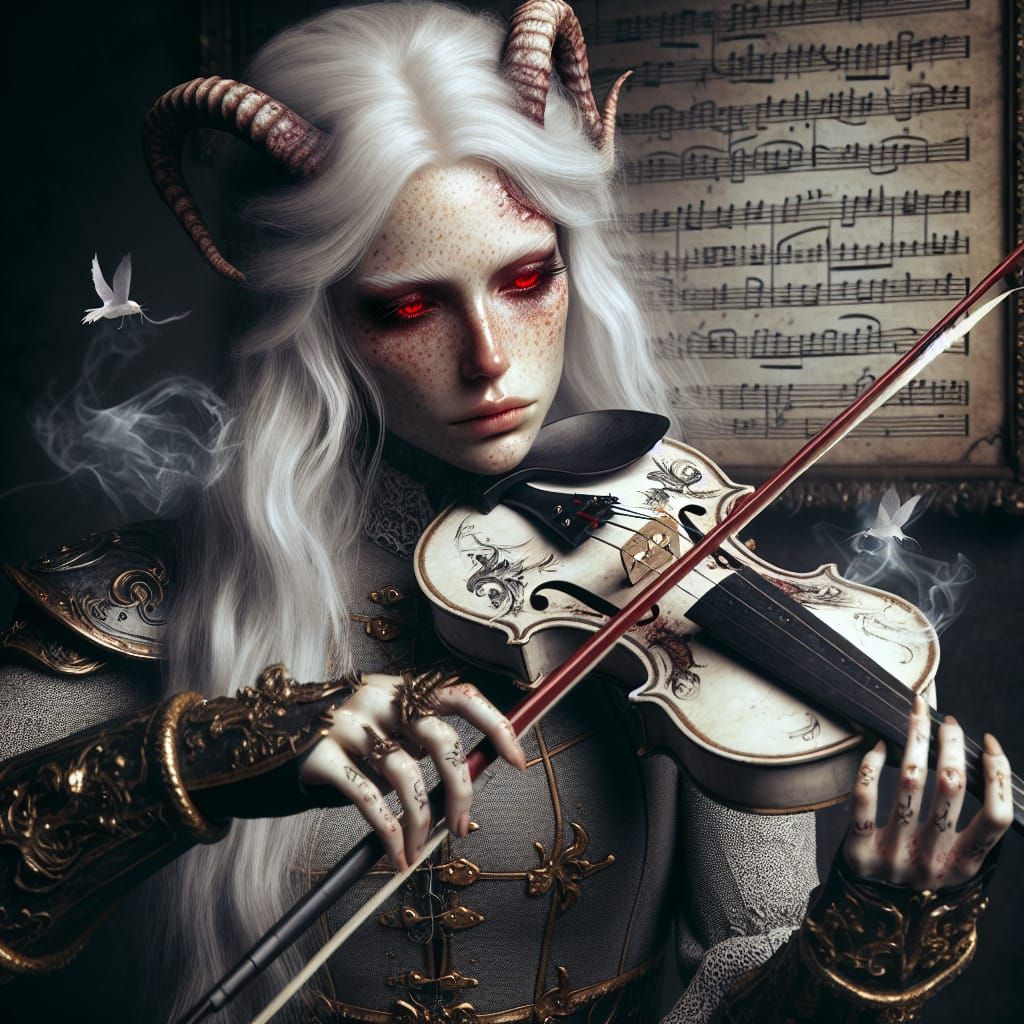 Demon Violinist in Rococo Style with Fantasy Tattoo