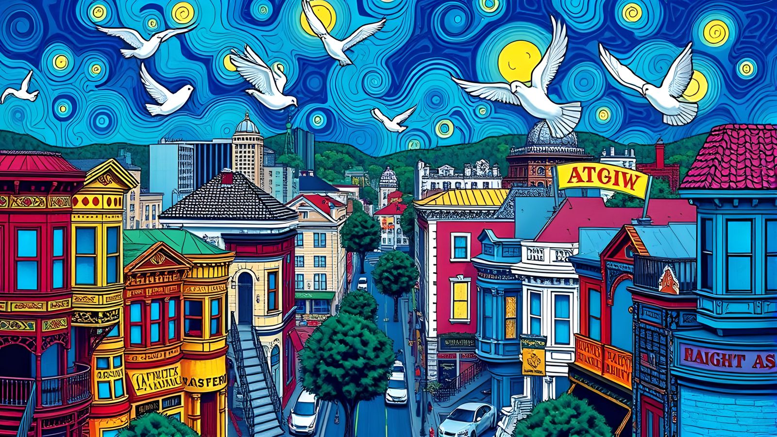 Doves in a Psychedelic Cityscape, Modern Art Style
