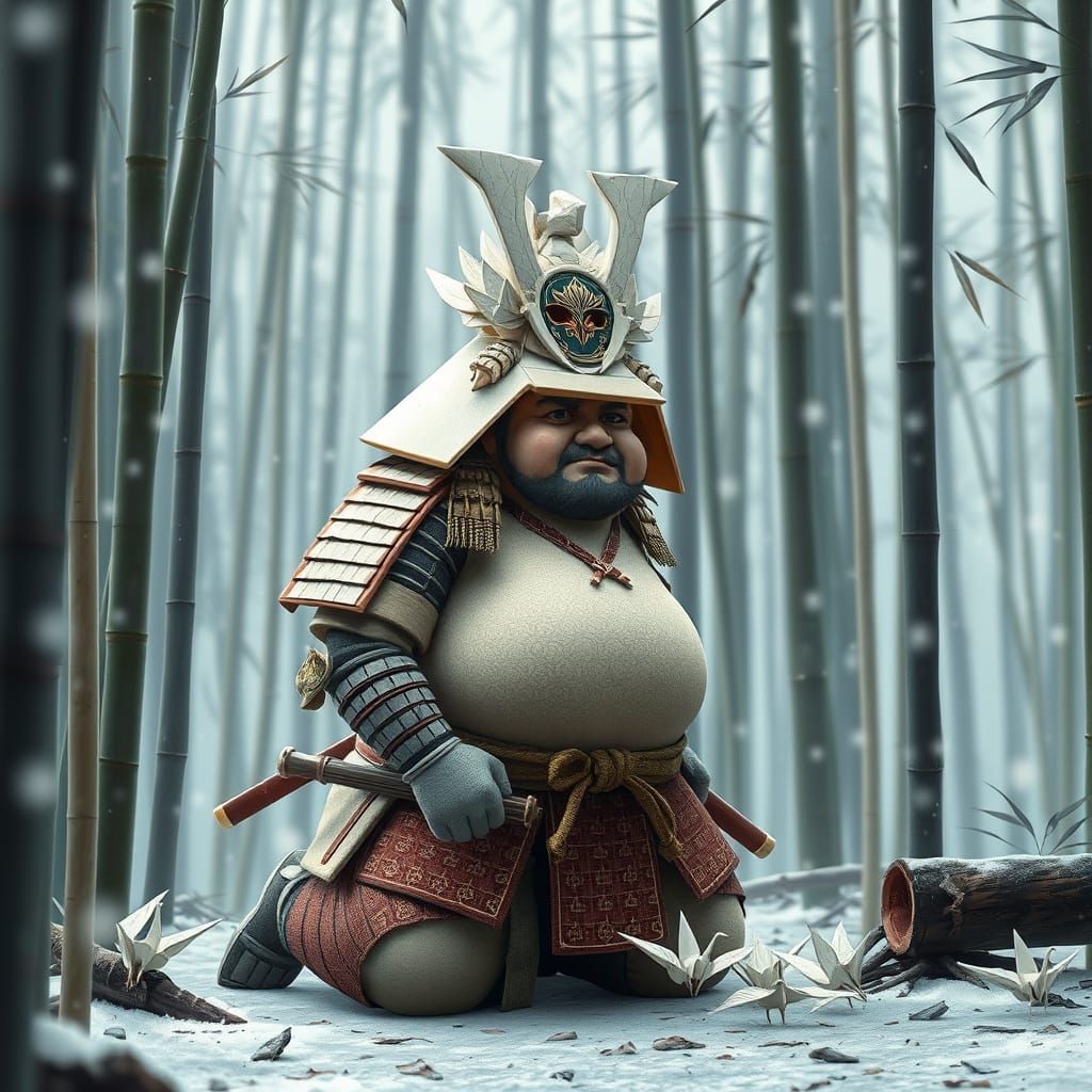 Chubby Samurai Kneels in Snowy Bamboo Forest