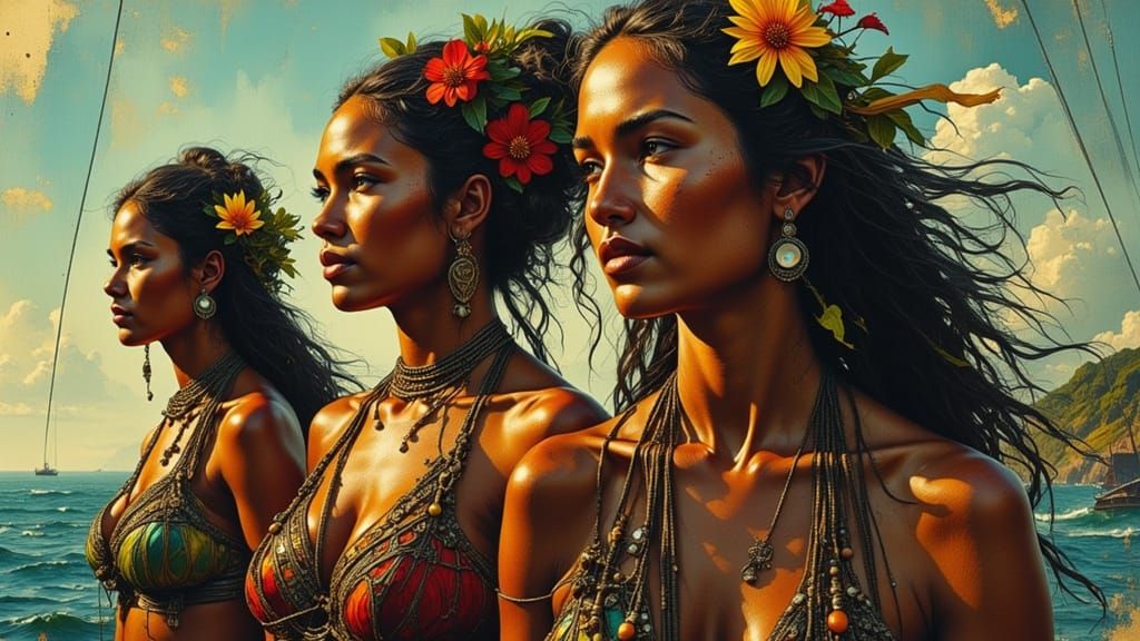Polynesian Sailors Navigate South Seas in Art Nouveau Style