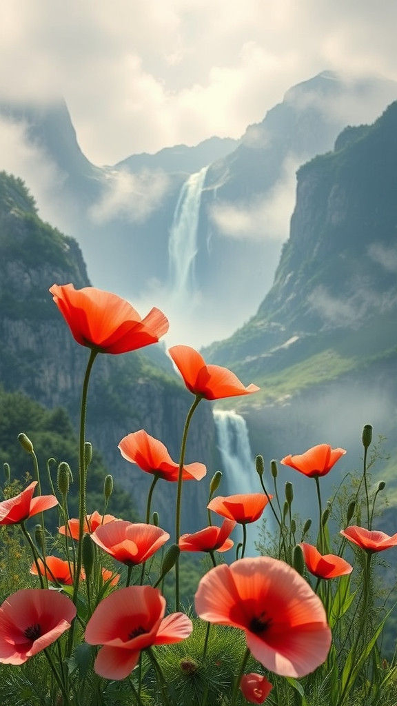 Poppies in Impressionist Landscape with Waterfalls