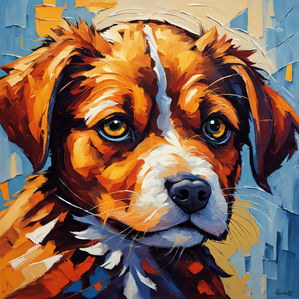 Impasto Painting of Puppy at Window