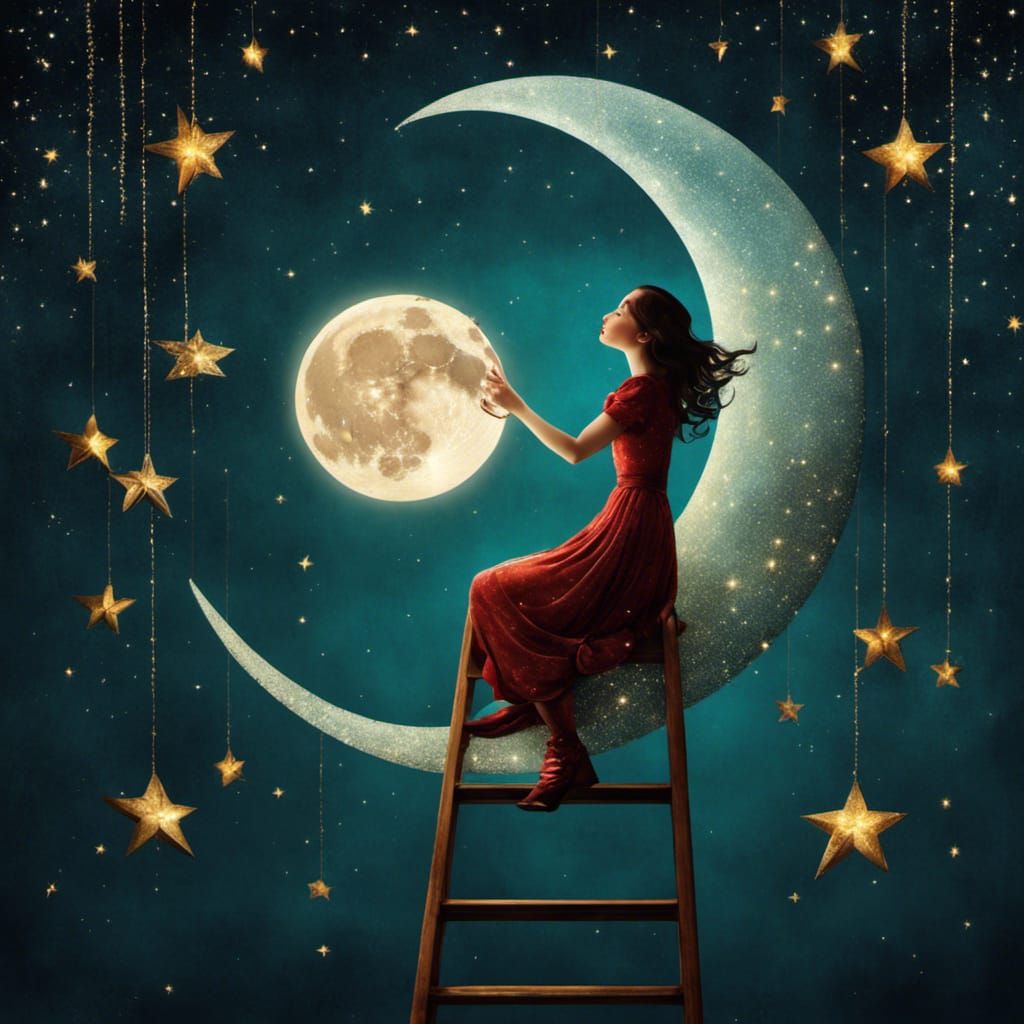 Girl Reaching for Moon in Whimsical Illustration