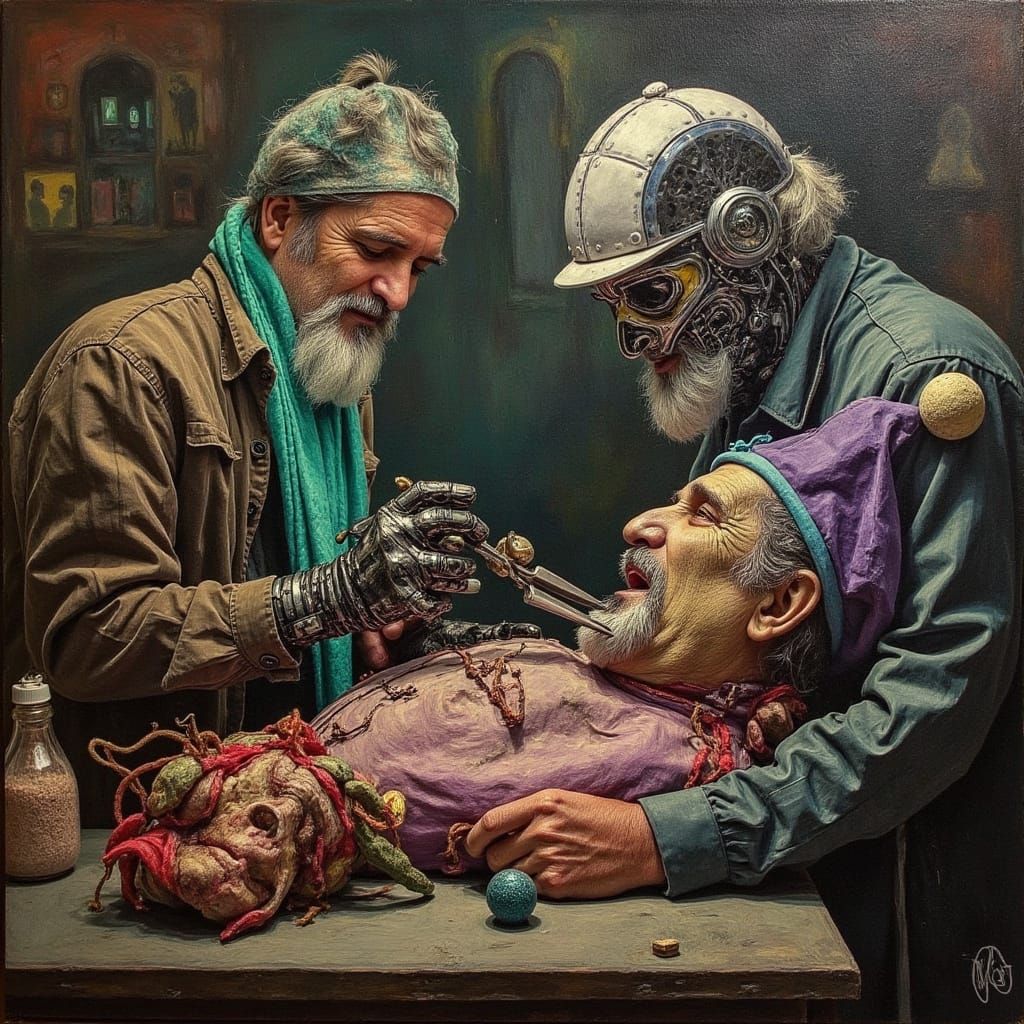 Cyborg Doctor Performs Surgery as Oil Painting