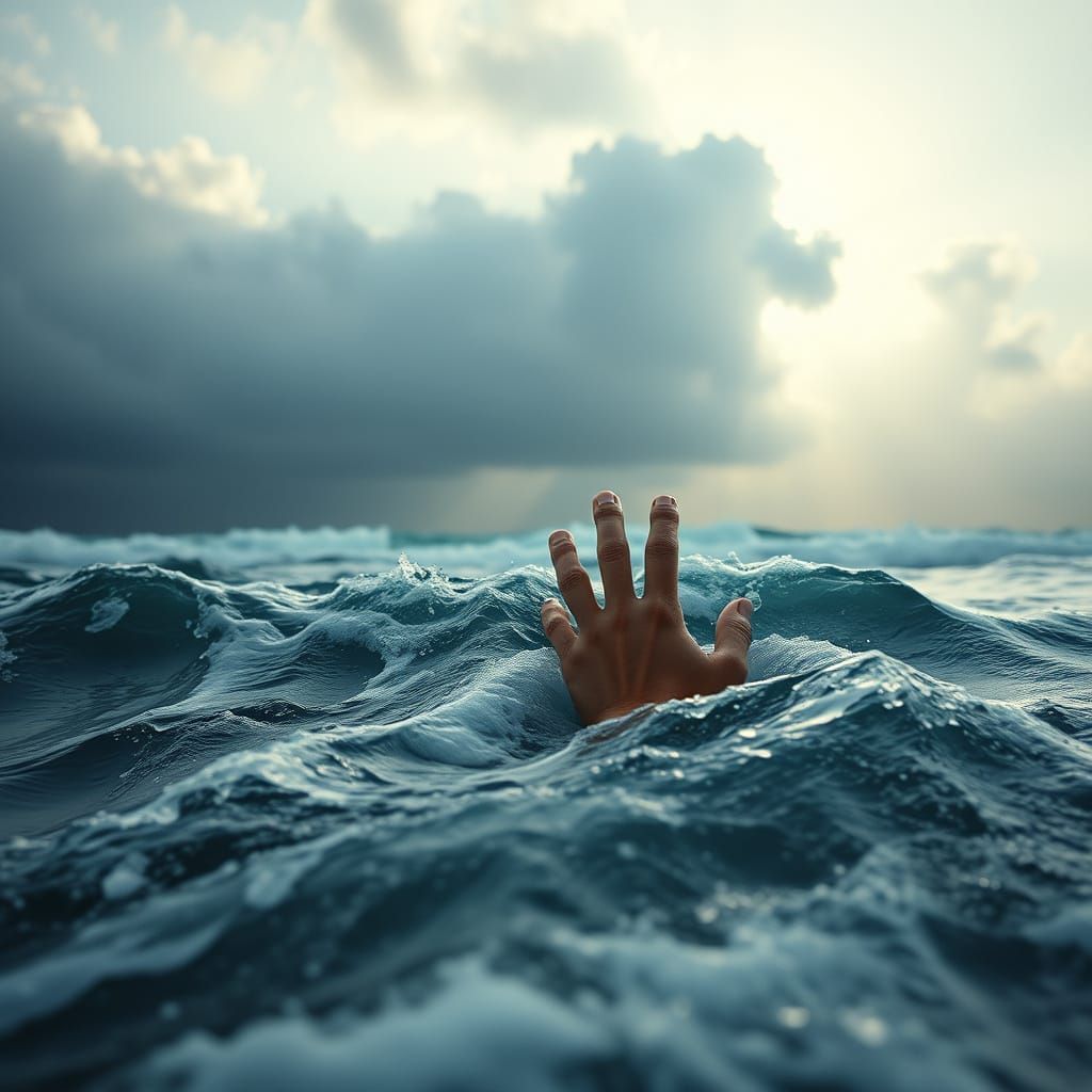 Hand Emerges from Ocean: Photorealistic Landscape