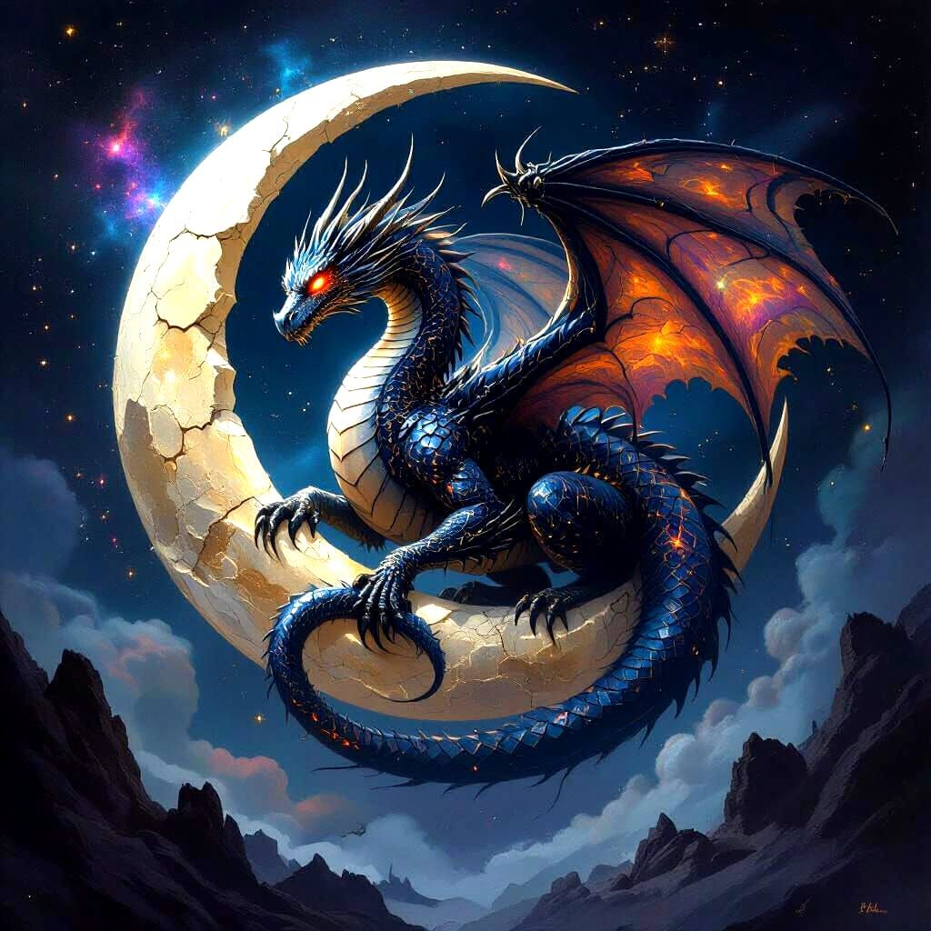 Cosmic Dragon Coiled Around Ancient Moon