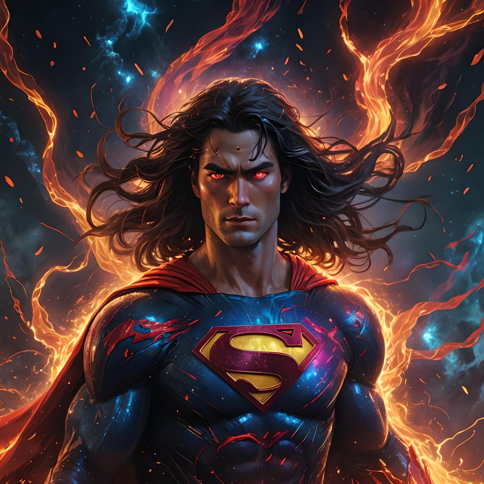 Superman with Flowing Hair and Fiery Red Eyes