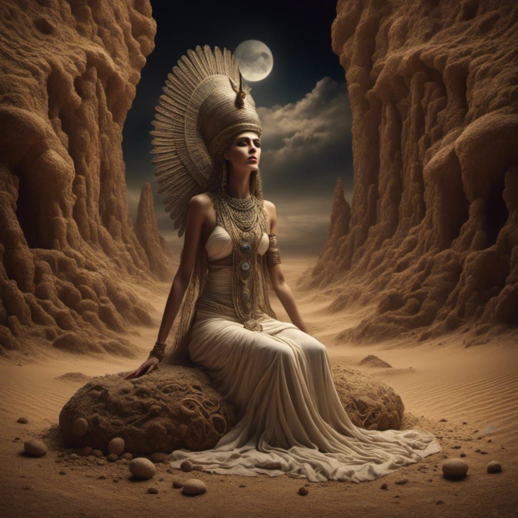 Lost Egyptian High Priestess in Desert Landscape