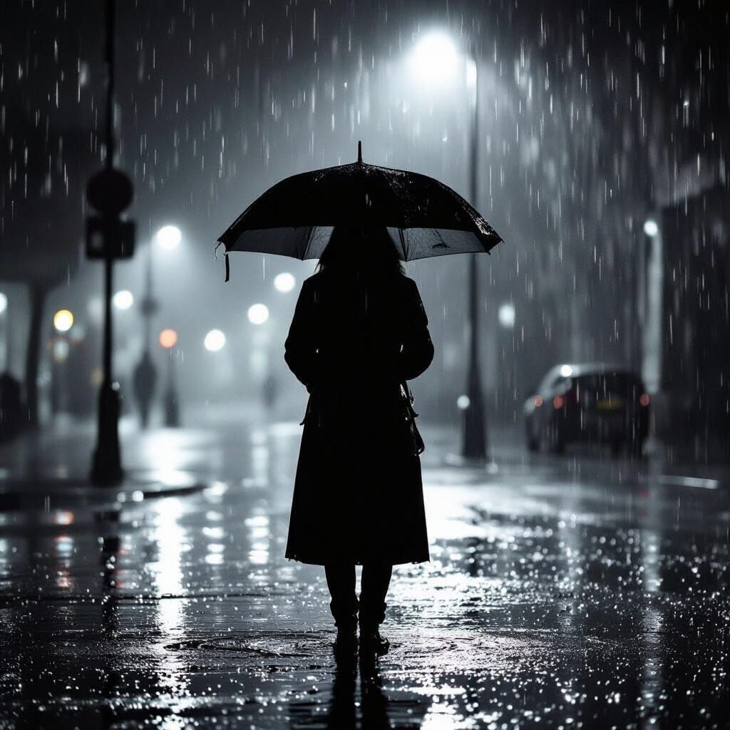 Monochrome Figure in Rain, High Contrast Photography
