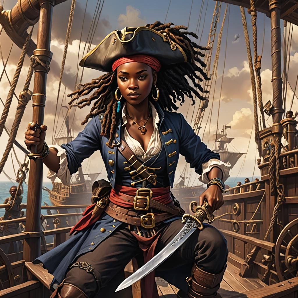 African Female Pirate with Sword on Ship