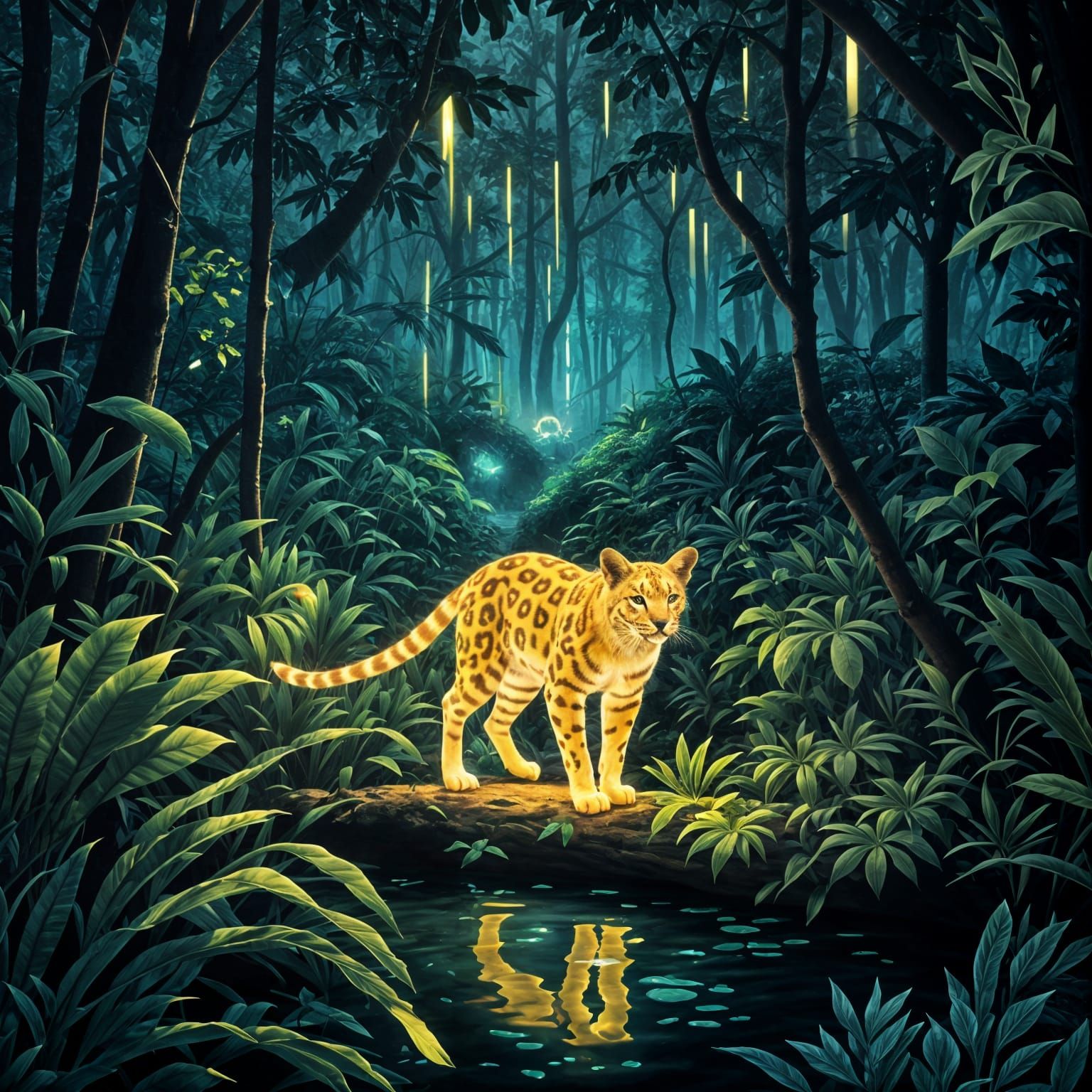 Luminous Ocelot in Jungle Night