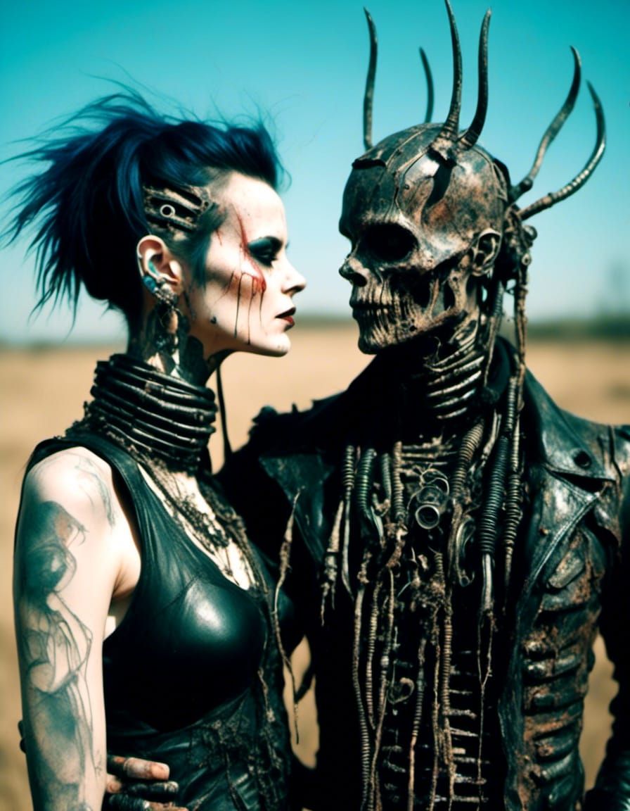 Cybergoth Lovers with Body Modifications in Giger Style