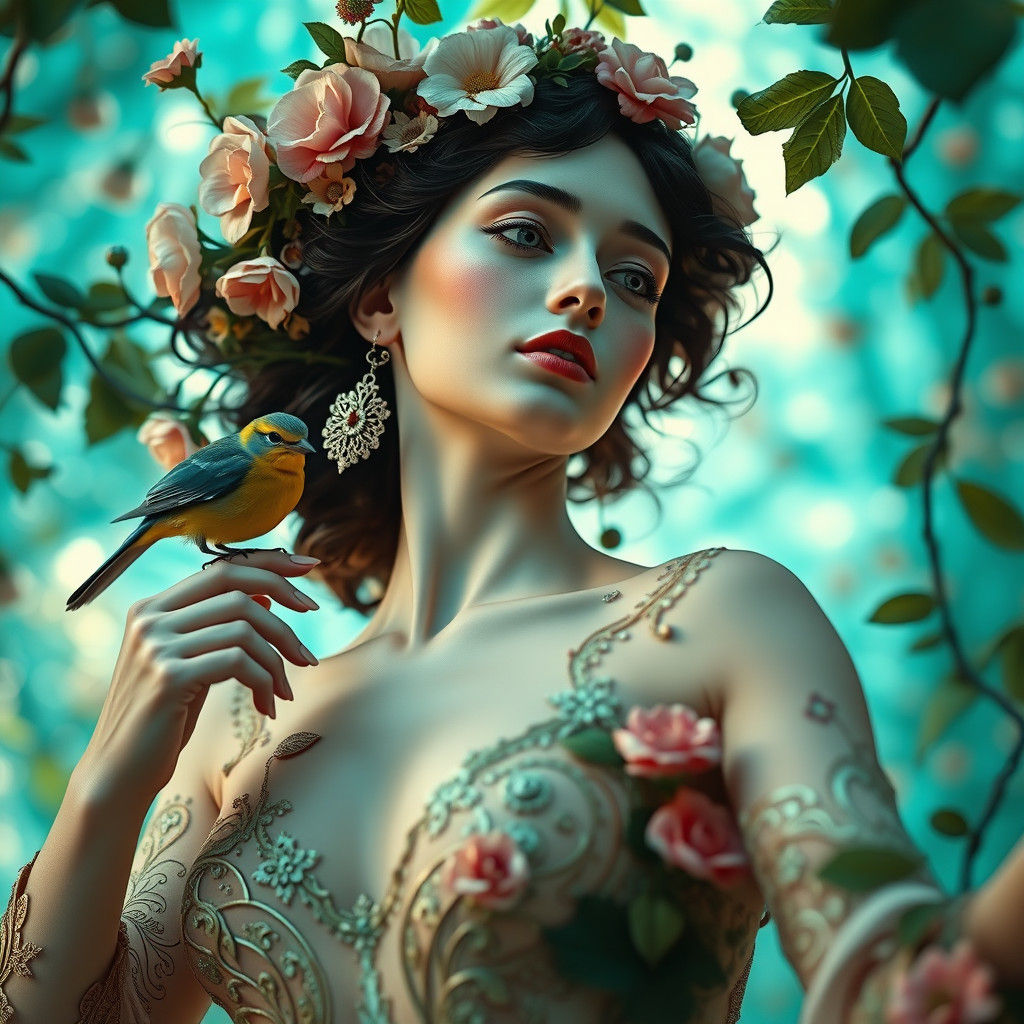 Dancing Woman with Flowers in Art Nouveau Style