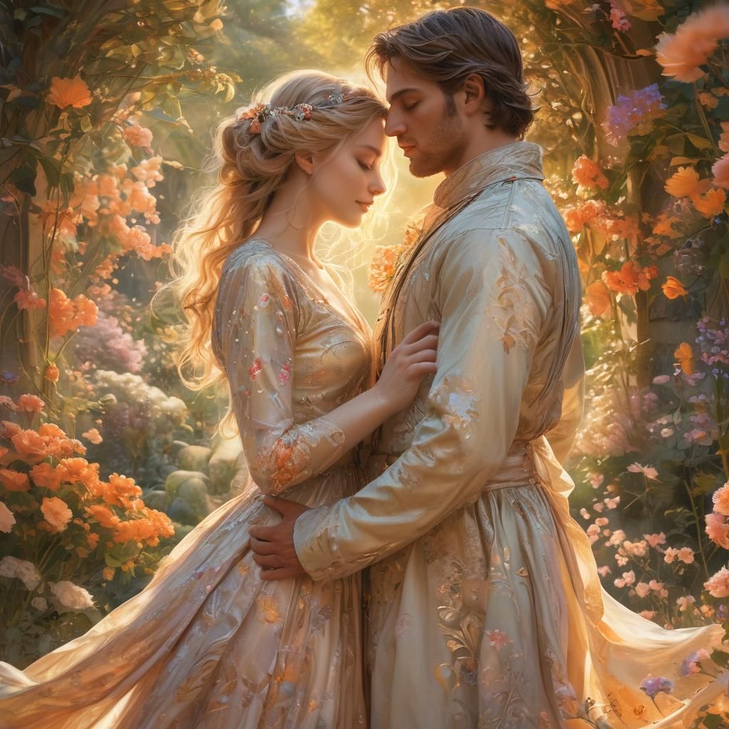 Couple Embrace in Mystical Garden: Fantasy Art