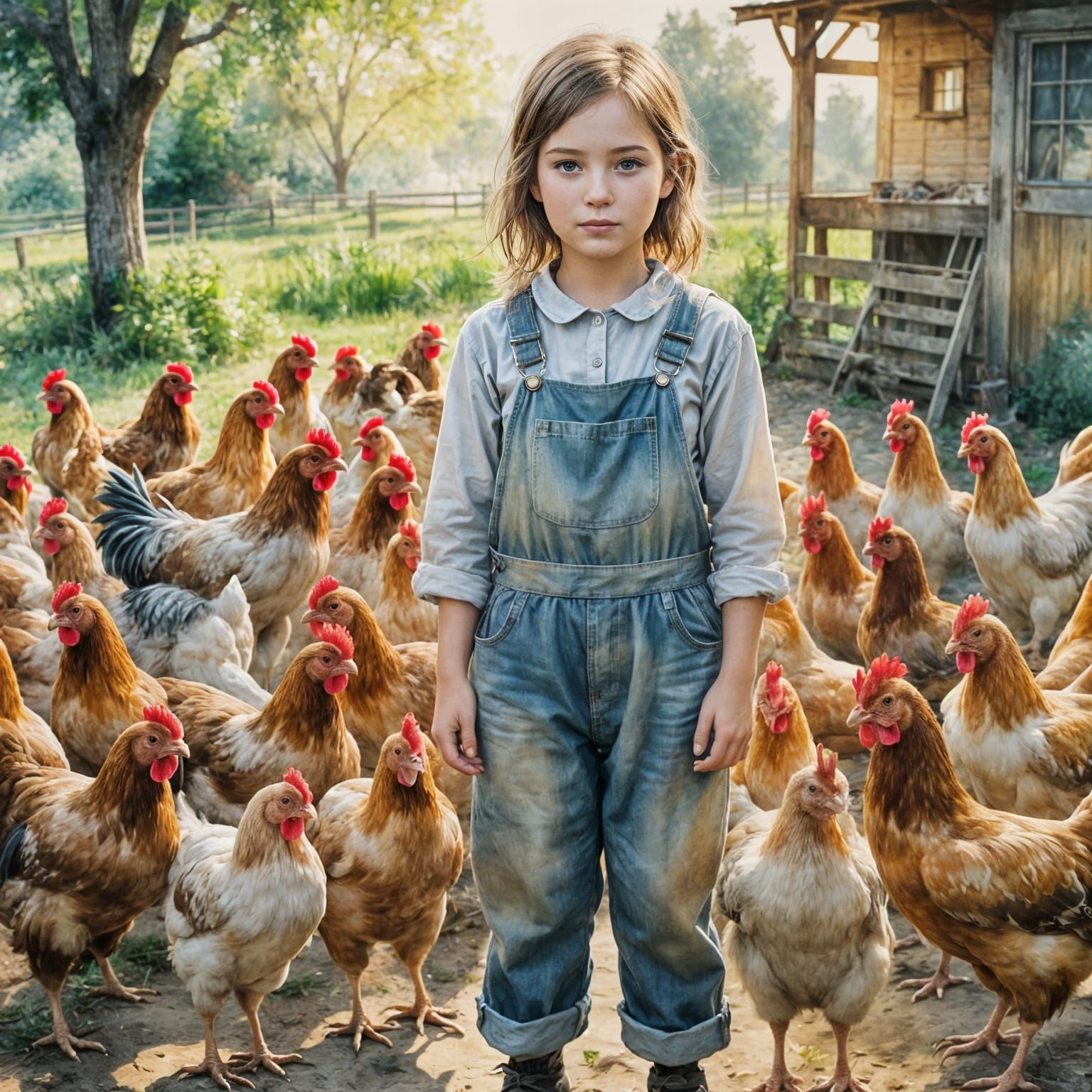 Girl with Chickens in Ethereal Watercolor Style