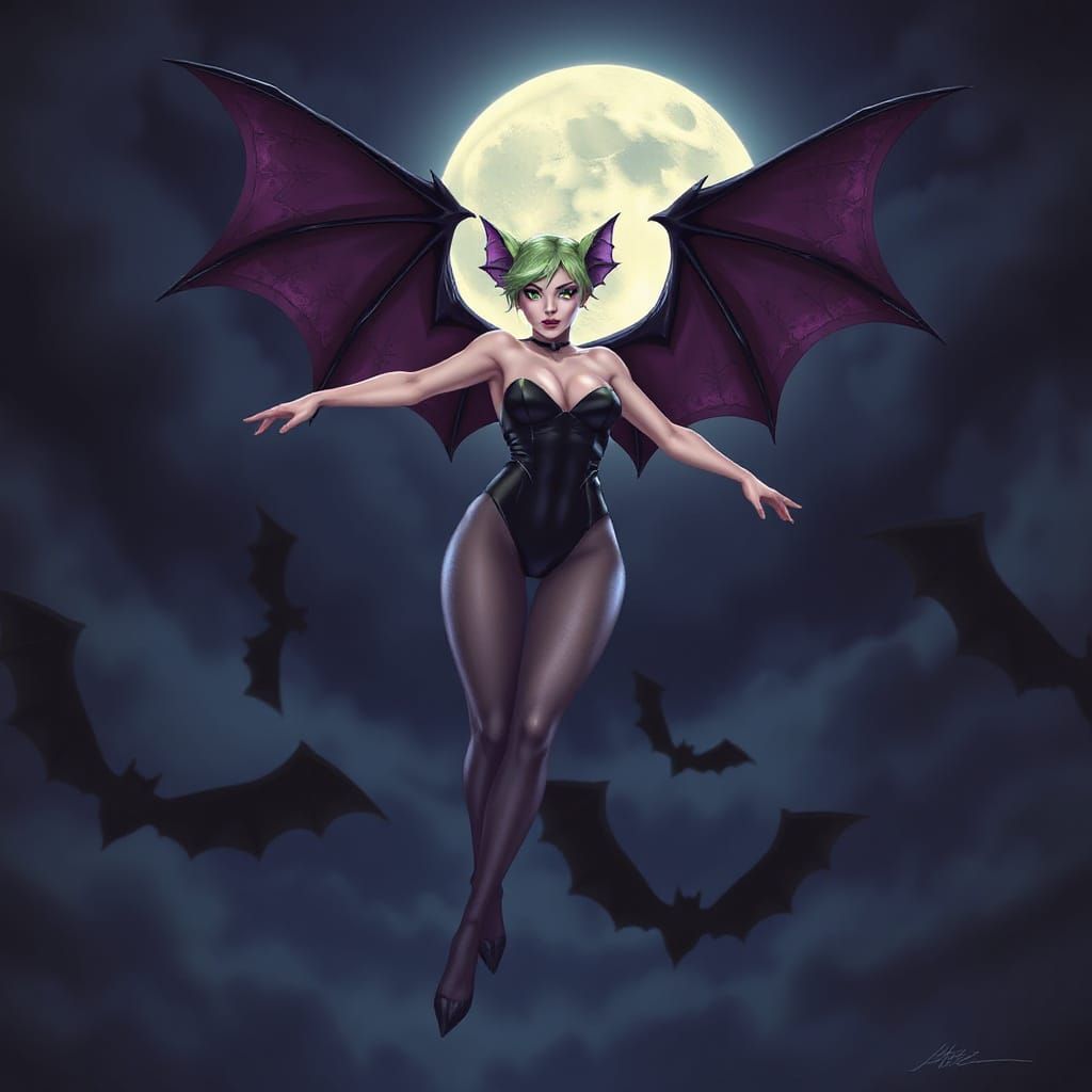Morrigan Aensland from Darkstalkers at night with a full moo...