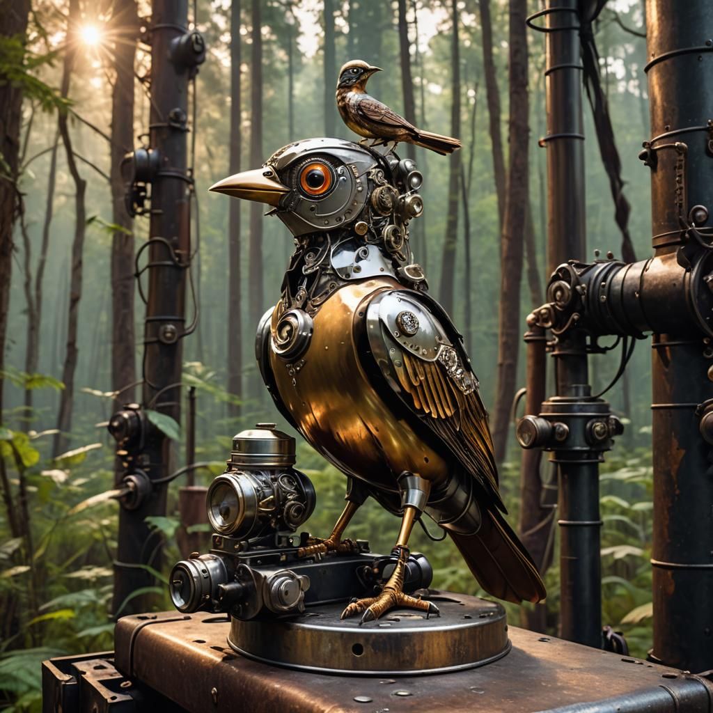 Steampunk Bird on Can in Shiny Metal Style