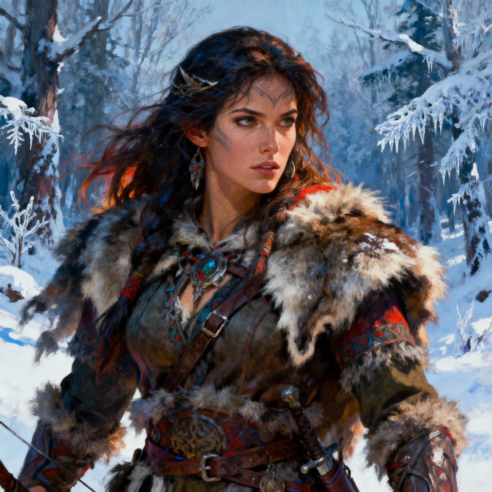 Forest Huntress in Snowy Eyrvik, Rich Colors