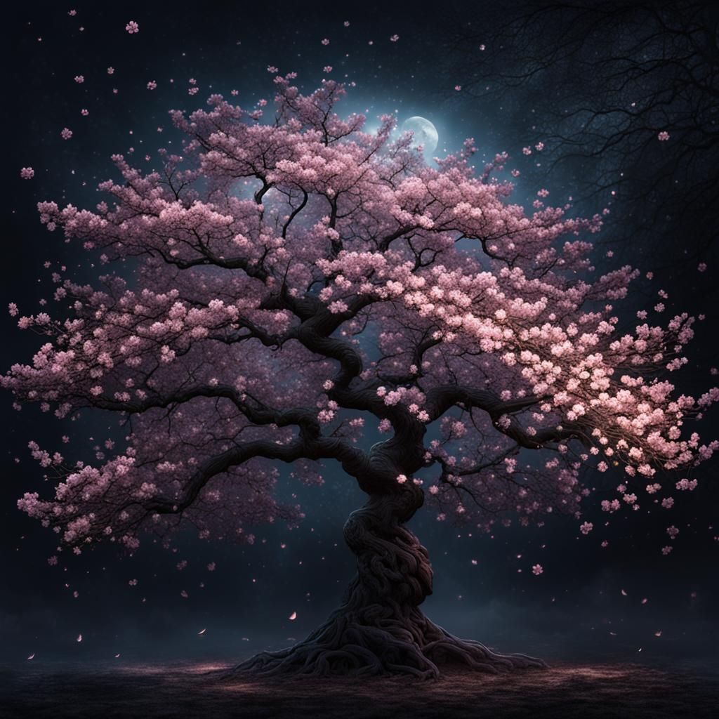Celestial Cherry Blossom Tree in the Dark