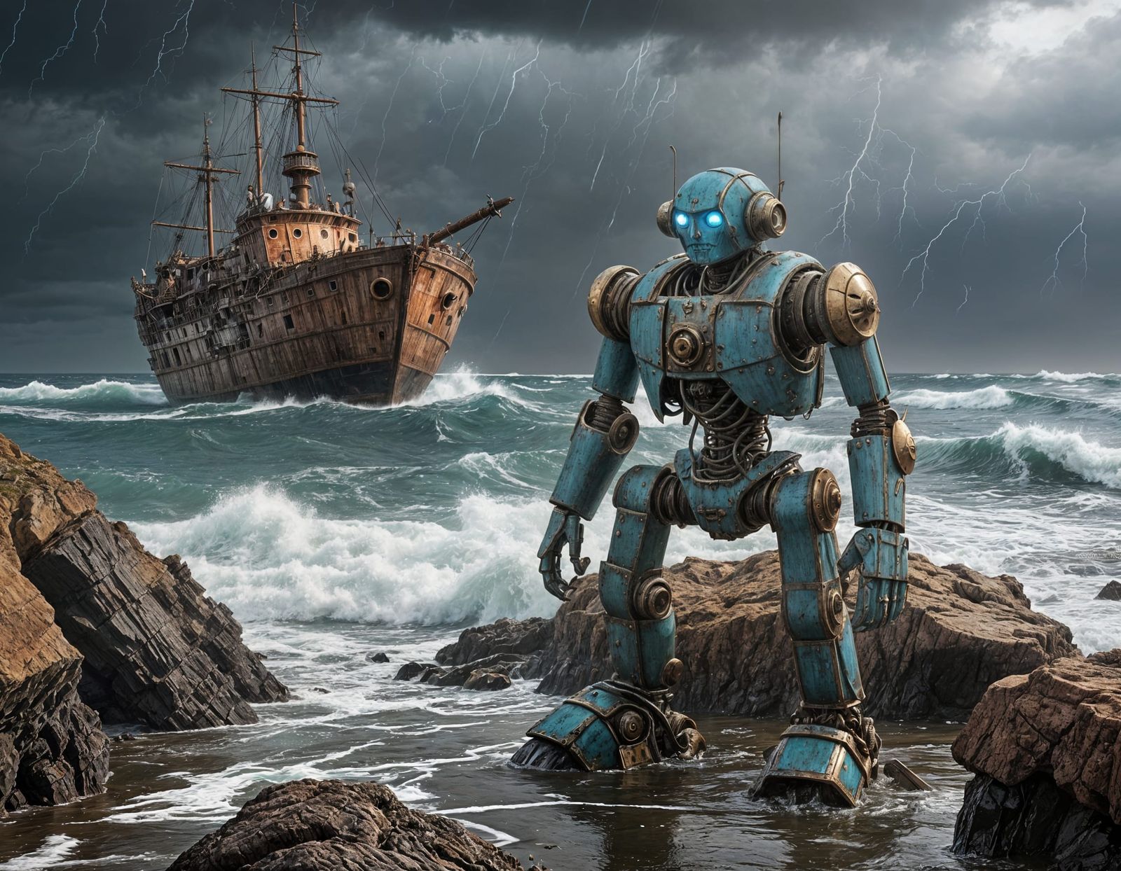 Raggedy Rusty Robot Pirate Admires Shipwreck on Stormy Beach