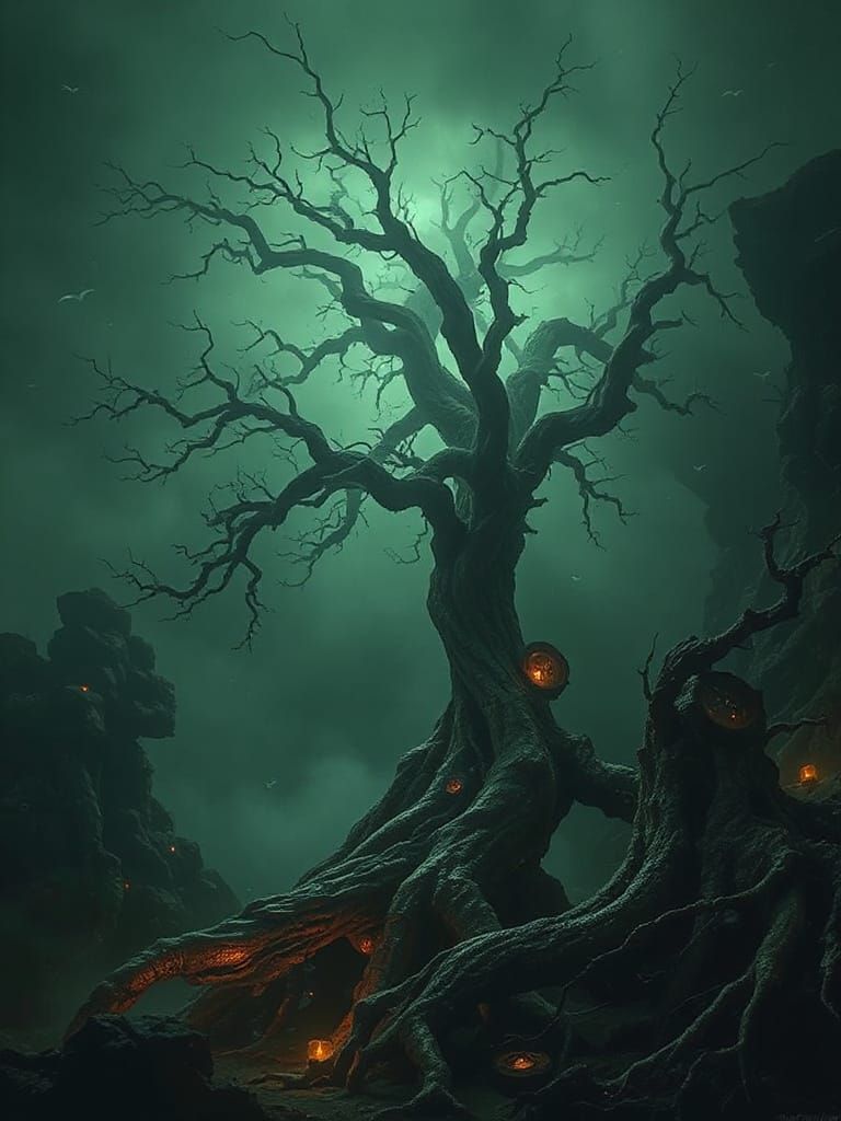 Dark Surreal Futurism: Glowing Trees in Mystic Mist
