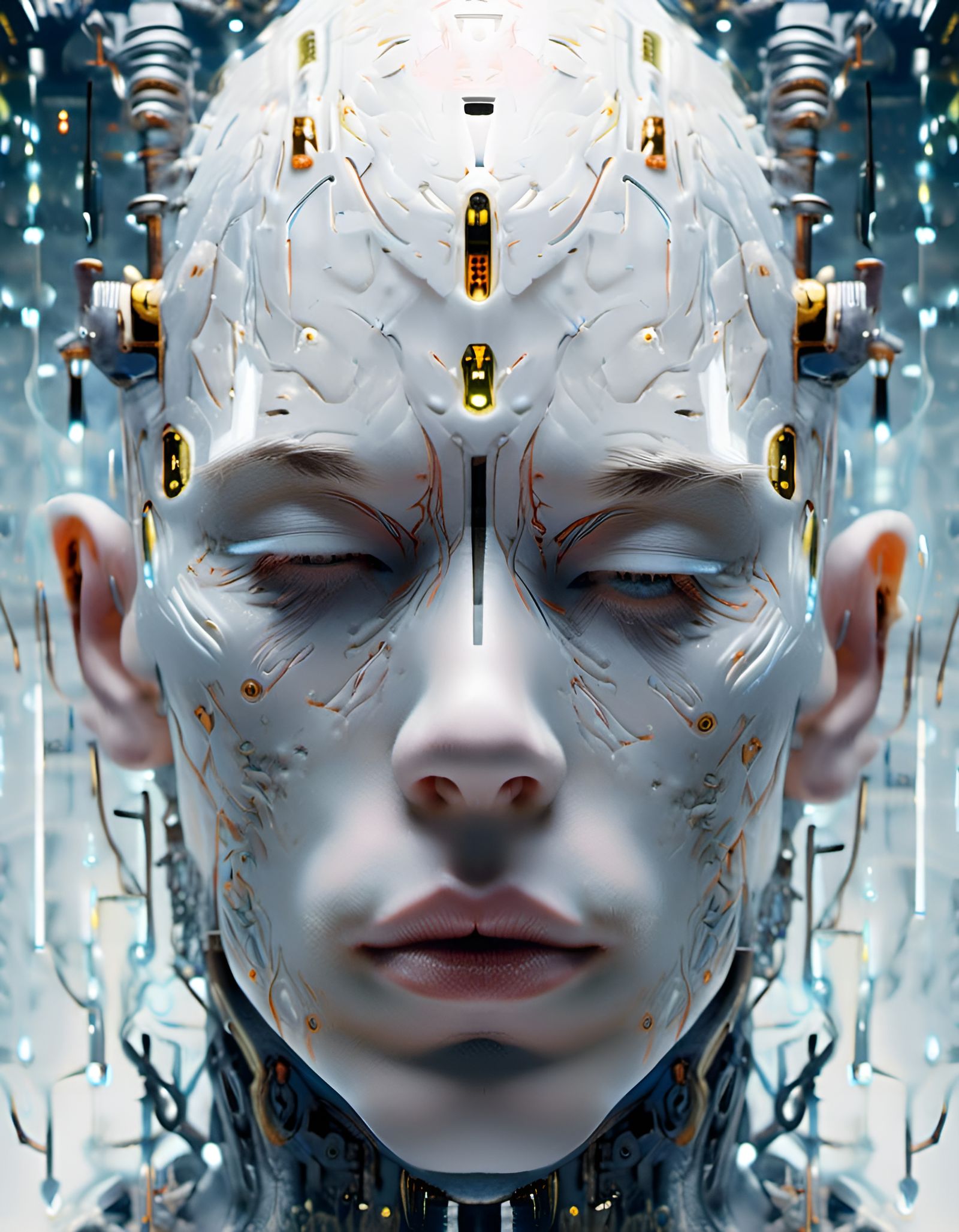 Detailed Cyberpunk Android Cyborg Portrait in Neon Lighting