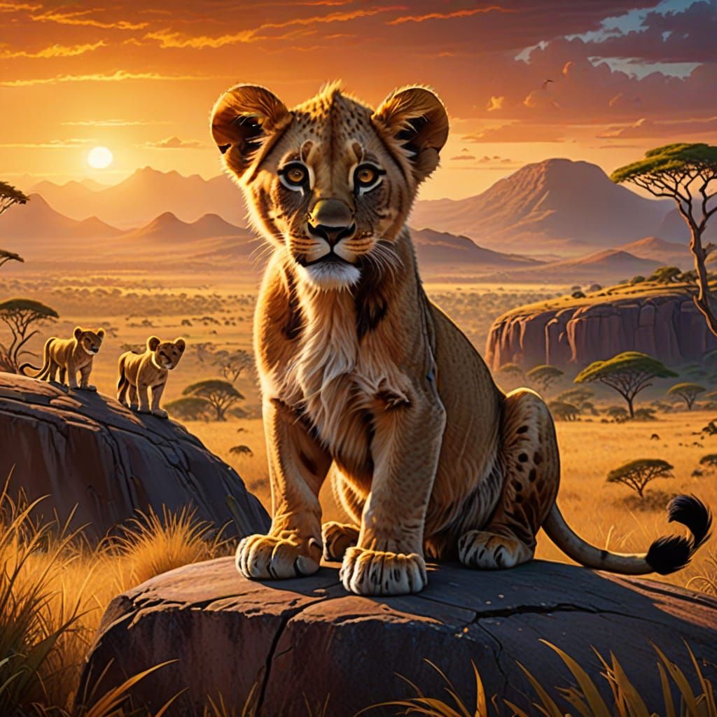 Disney-Inspired Lion Cub Embracing African Sunrise